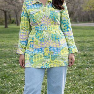 Vintage FU DA Y2K Mod Print Belted Trench Jacket Large Retro Geometric Coat Y2K